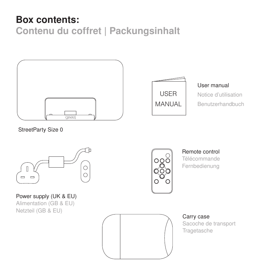 Box contents: contenu du coffret | packungsinhalt | GEAR4 StreetParty Size 0 User Manual | Page 4 / 45