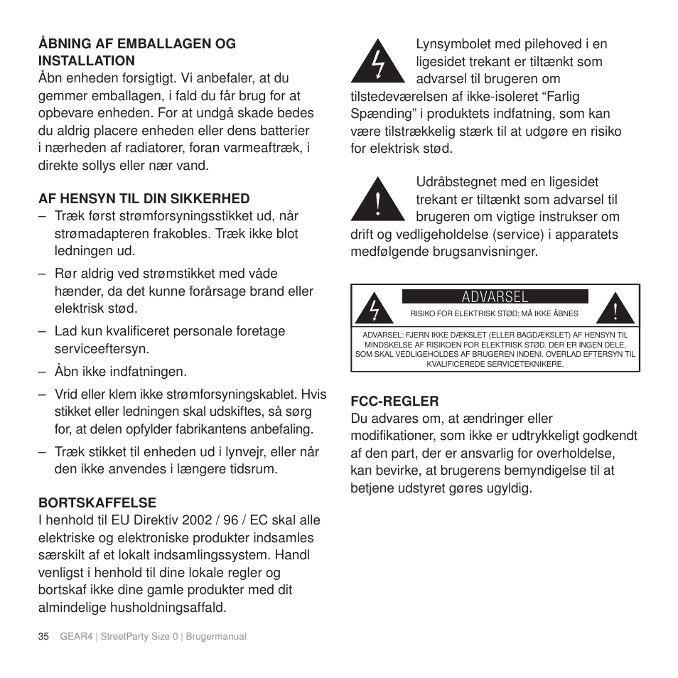Advarsel | GEAR4 StreetParty Size 0 User Manual | Page 40 / 45