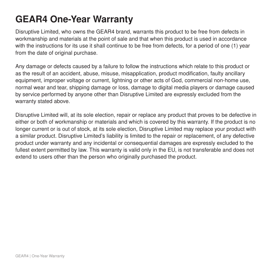 Gear4 one-year warranty | GEAR4 StreetParty Size 0 User Manual | Page 42 / 45