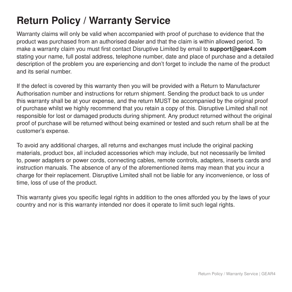 Return policy / warranty service | GEAR4 StreetParty Size 0 User Manual | Page 43 / 45