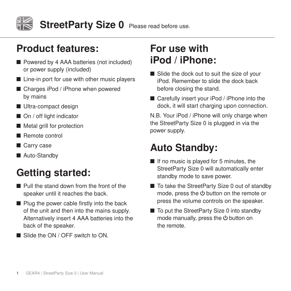 Streetparty size 0, Product features, Getting started | For use with ipod / iphone, Auto standby | GEAR4 StreetParty Size 0 User Manual | Page 6 / 45