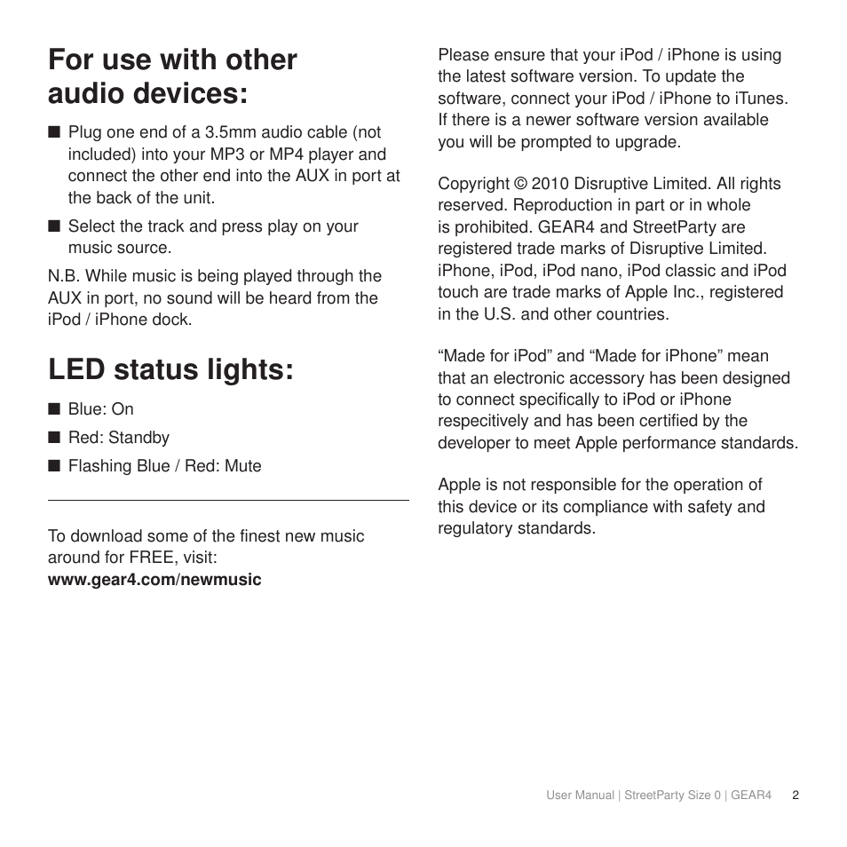 For use with other audio devices, Led status lights | GEAR4 StreetParty Size 0 User Manual | Page 7 / 45