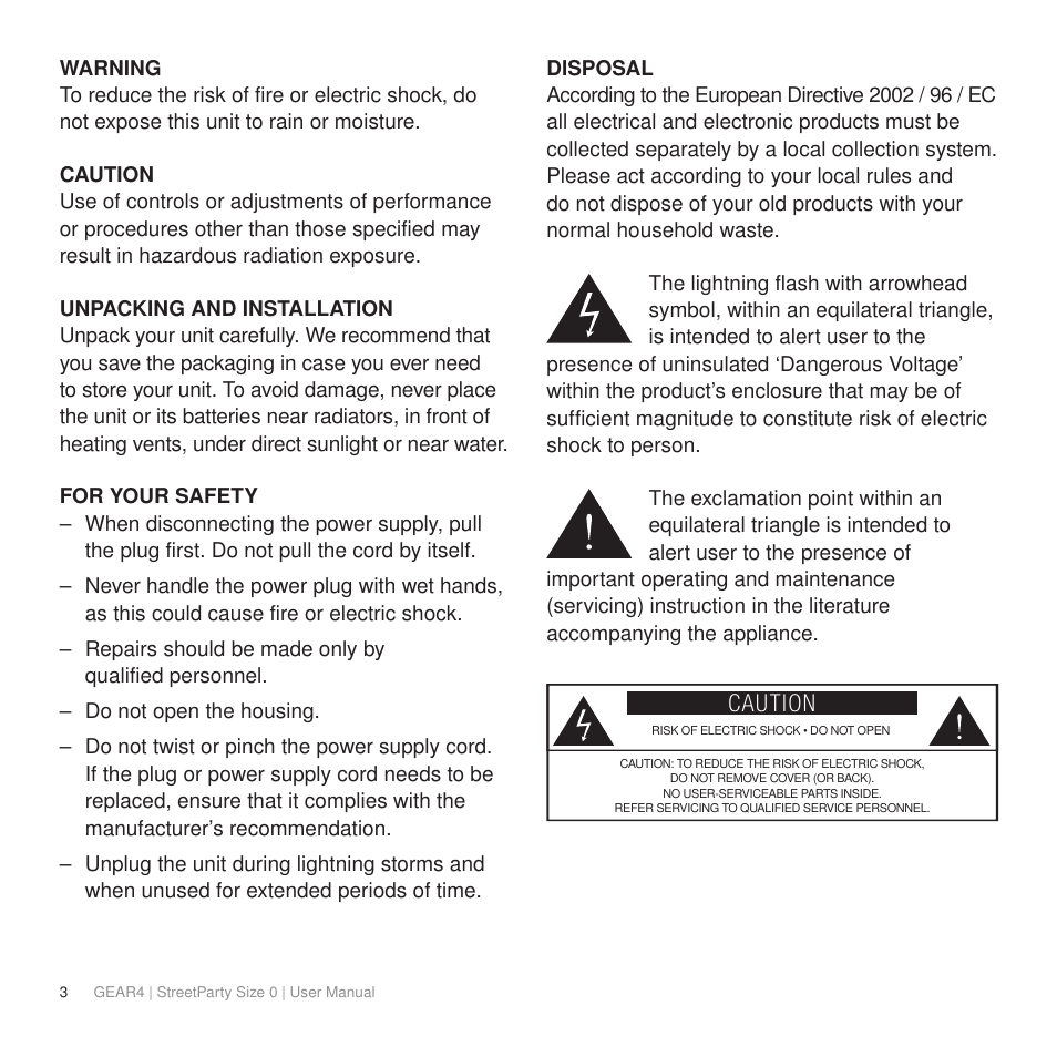 Caution | GEAR4 StreetParty Size 0 User Manual | Page 8 / 45