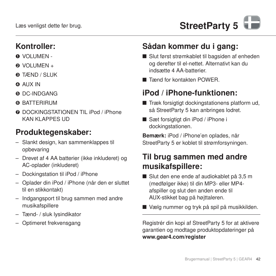 Streetparty 5, Kontroller, Produktegenskaber | Sådan kommer du i gang, Ipod / iphone-funktionen, Til brug sammen med andre musikafspillere | GEAR4 StreetParty 5 User Manual | Page 42 / 48