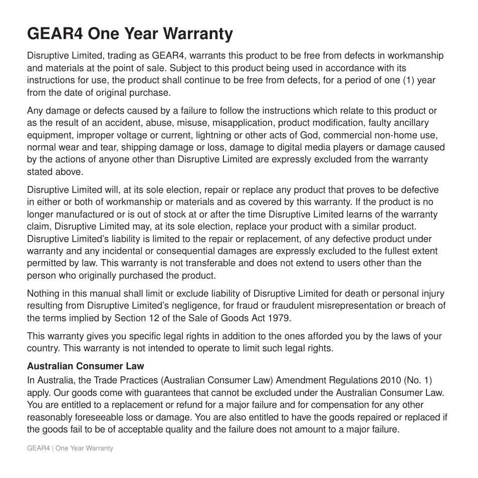 Gear4 one year warranty | GEAR4 StreetParty 5 User Manual | Page 46 / 48