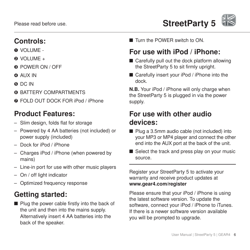 Streetparty 5, Controls, Product features | Getting started, For use with ipod / iphone, For use with other audio devices | GEAR4 StreetParty 5 User Manual | Page 6 / 48