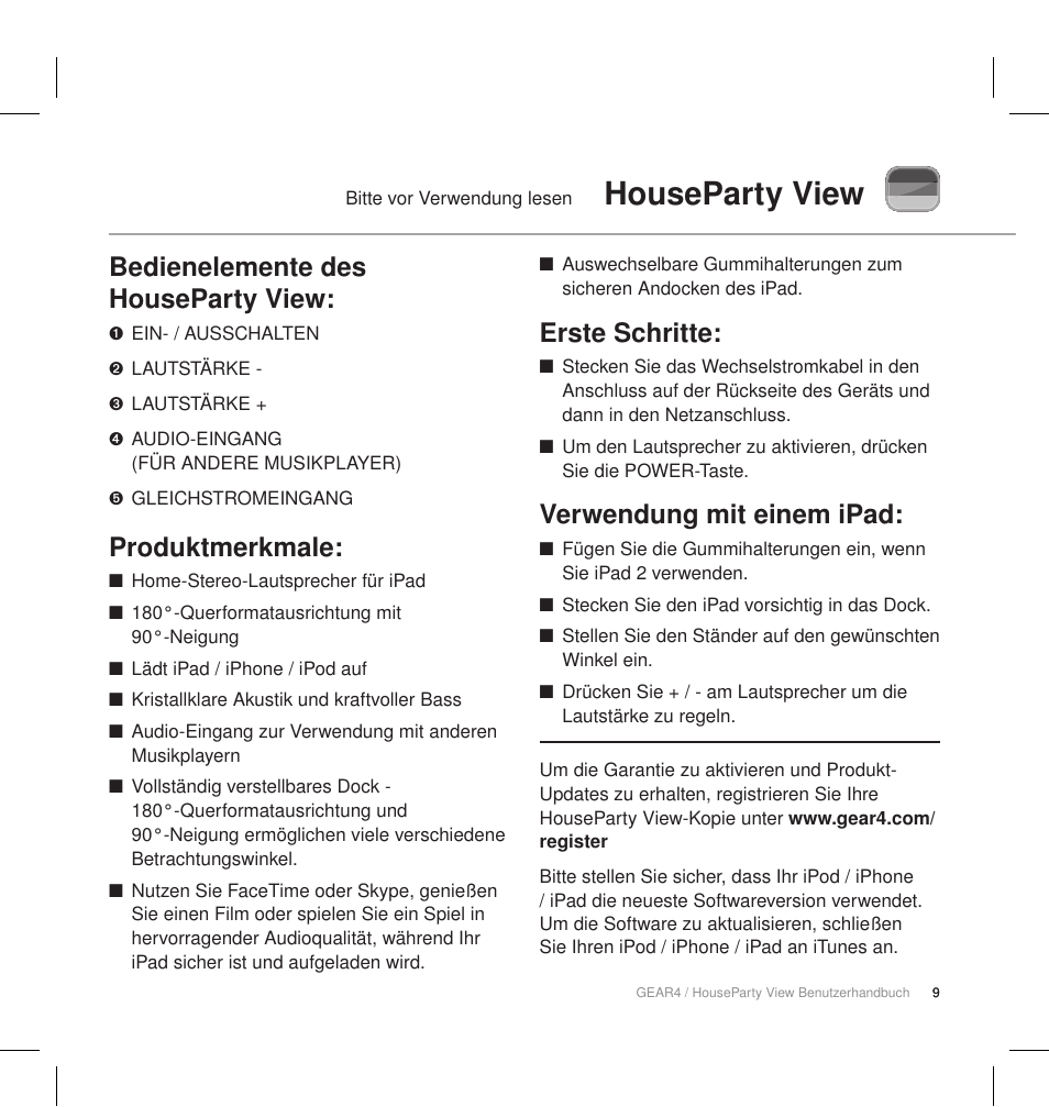 Houseparty view, Bedienelemente des houseparty view, Produktmerkmale | Erste schritte, Verwendung mit einem ipad | GEAR4 HouseParty View User Manual | Page 12 / 42