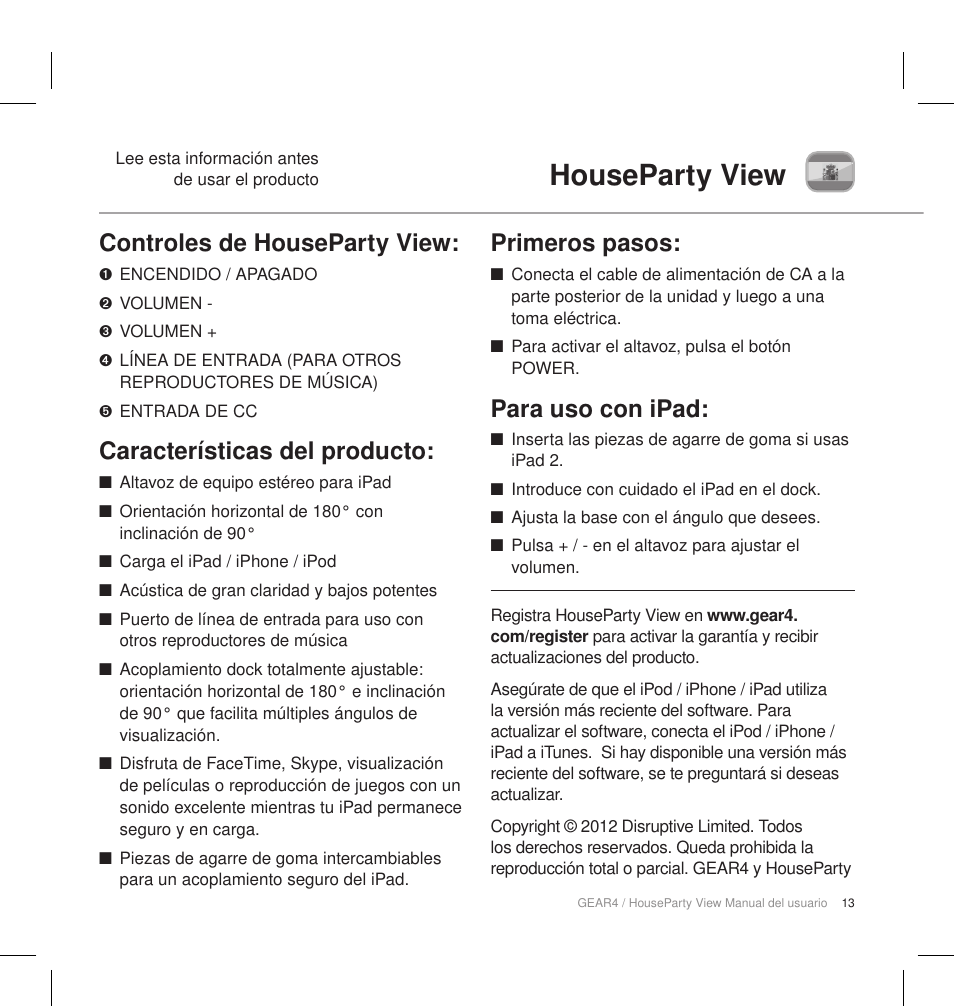 Houseparty view, Controles de houseparty view, Características del producto | Primeros pasos, Para uso con ipad | GEAR4 HouseParty View User Manual | Page 16 / 42