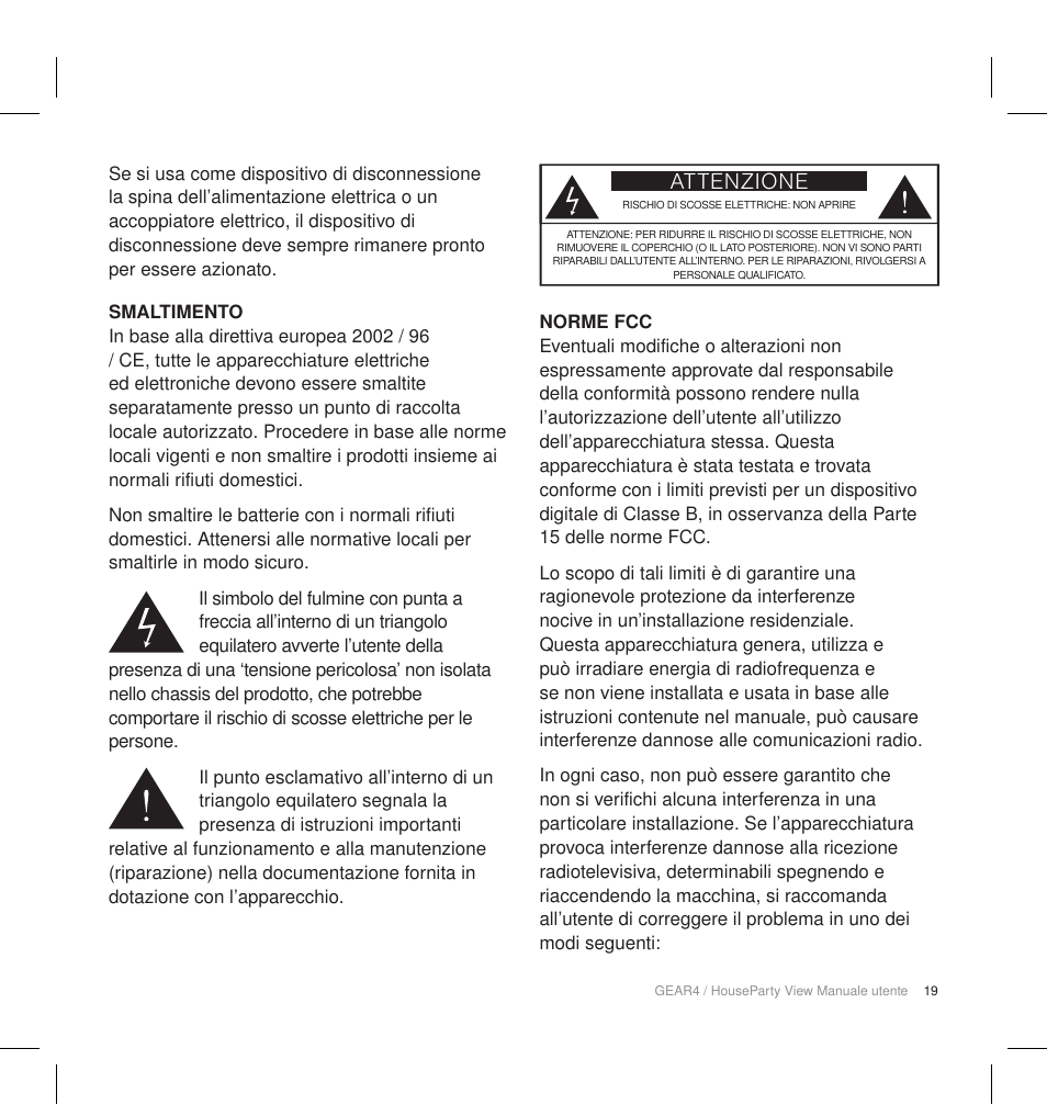 Attenzione | GEAR4 HouseParty View User Manual | Page 22 / 42