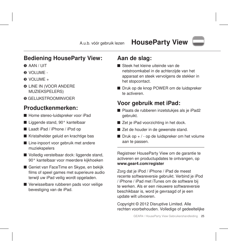 Houseparty view, Bediening houseparty view, Productkenmerken | Aan de slag, Voor gebruik met ipad | GEAR4 HouseParty View User Manual | Page 28 / 42