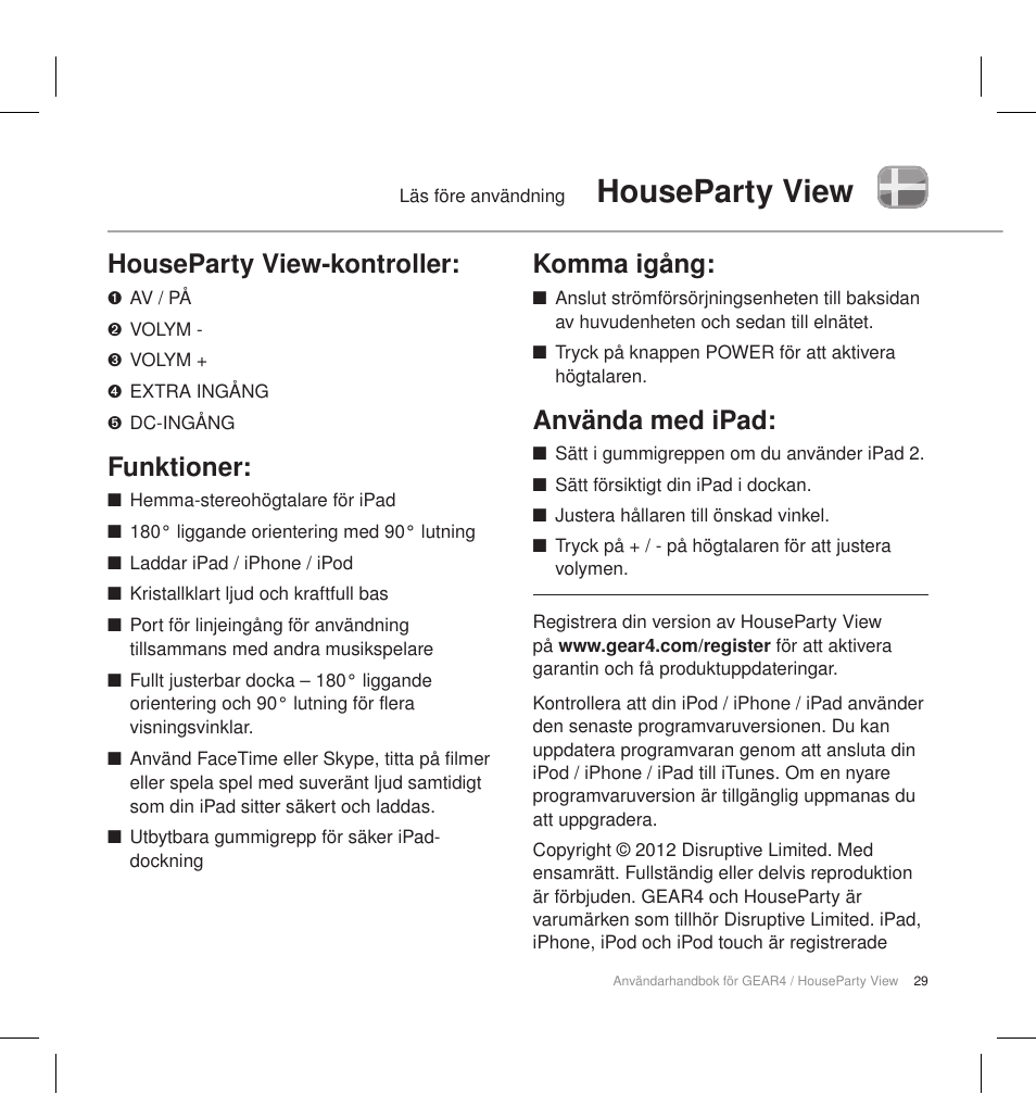 Houseparty view, Houseparty view-kontroller, Funktioner | Komma igång, Använda med ipad | GEAR4 HouseParty View User Manual | Page 32 / 42