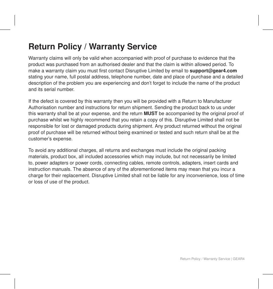 Return policy / warranty service | GEAR4 HouseParty View User Manual | Page 42 / 42