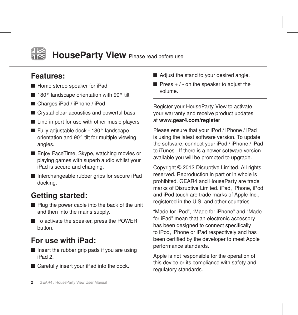 Houseparty view, Features, Getting started | For use with ipad | GEAR4 HouseParty View User Manual | Page 5 / 42
