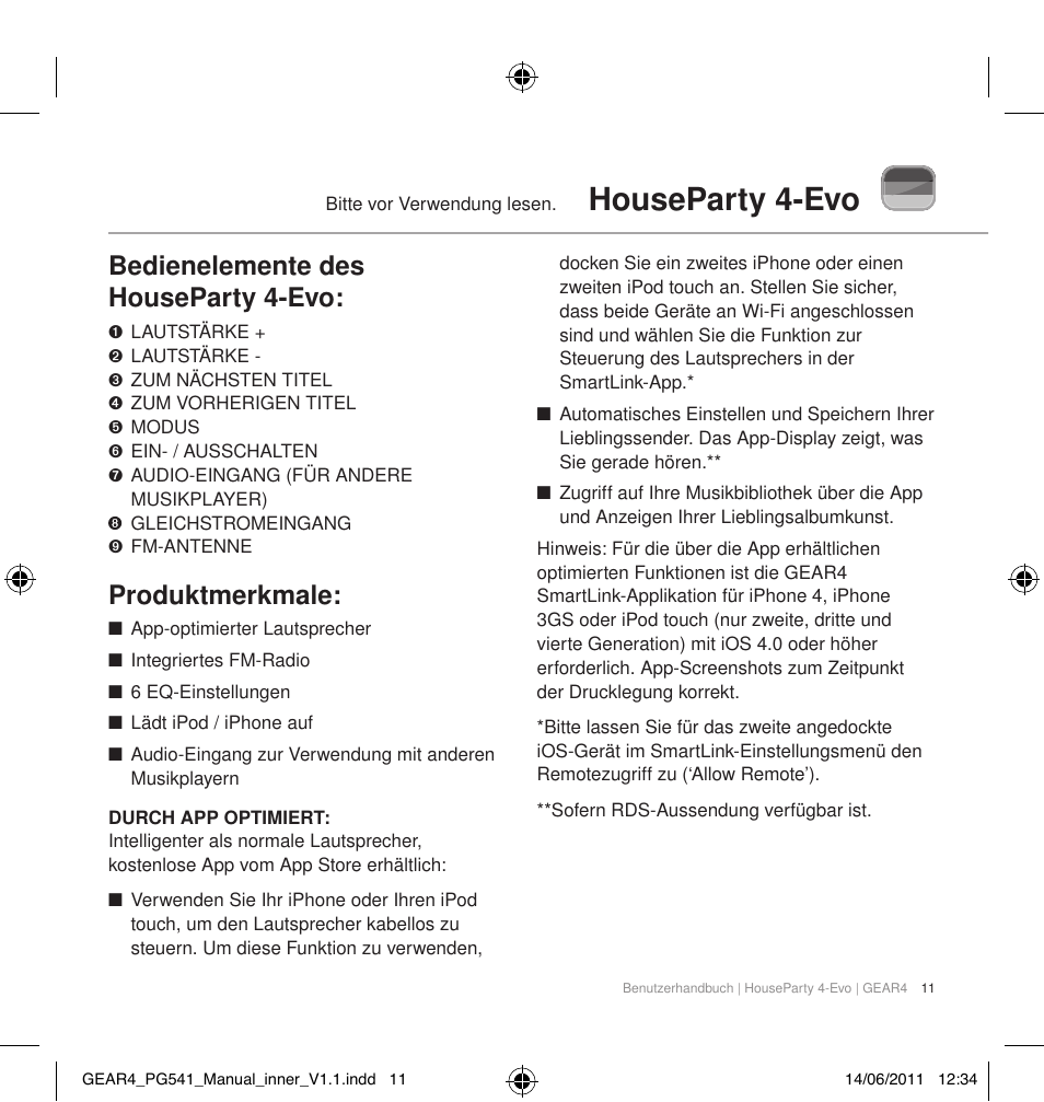 Houseparty 4-evo, Bedienelemente des houseparty 4-evo, Produktmerkmale | GEAR4 HouseParty 4 EVO User Manual | Page 12 / 49