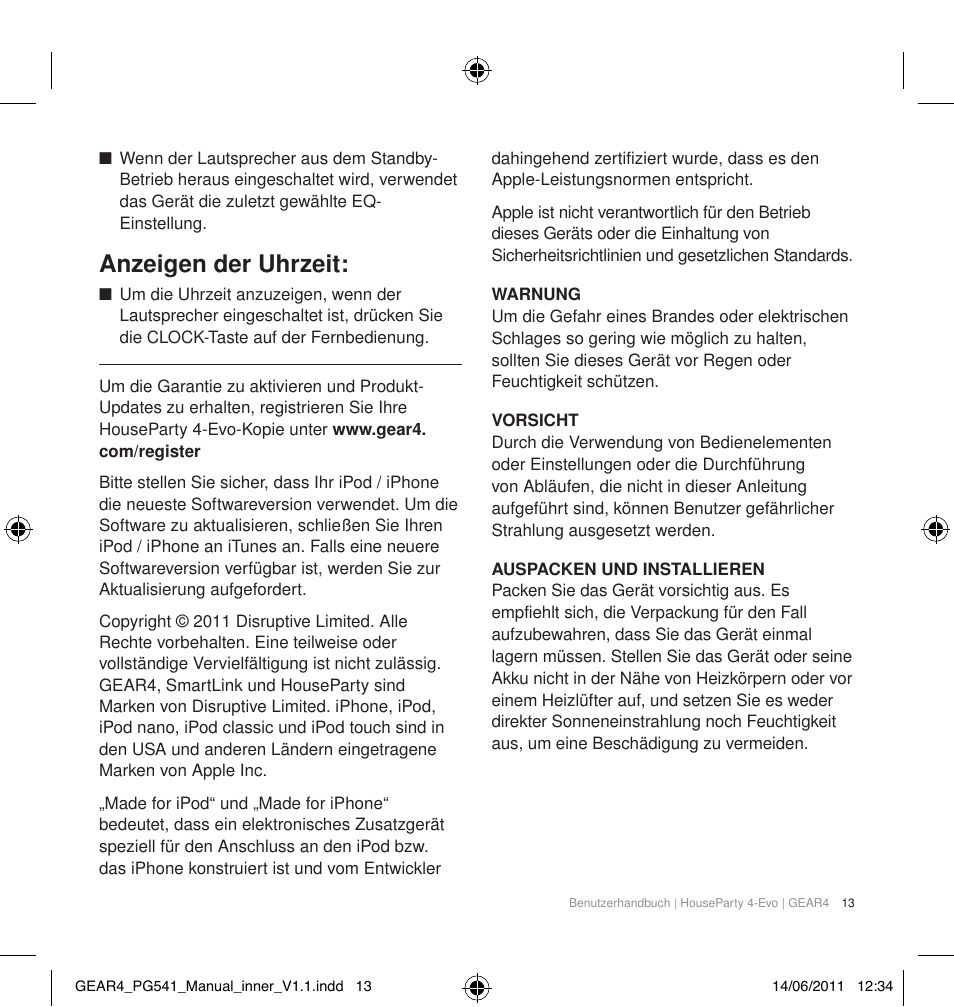 Anzeigen der uhrzeit | GEAR4 HouseParty 4 EVO User Manual | Page 14 / 49
