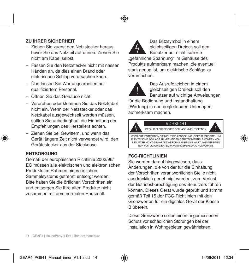 Vorsicht | GEAR4 HouseParty 4 EVO User Manual | Page 15 / 49
