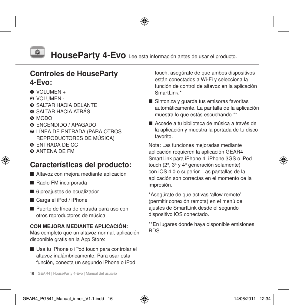 Houseparty 4-evo, Controles de houseparty 4-evo, Características del producto | GEAR4 HouseParty 4 EVO User Manual | Page 17 / 49
