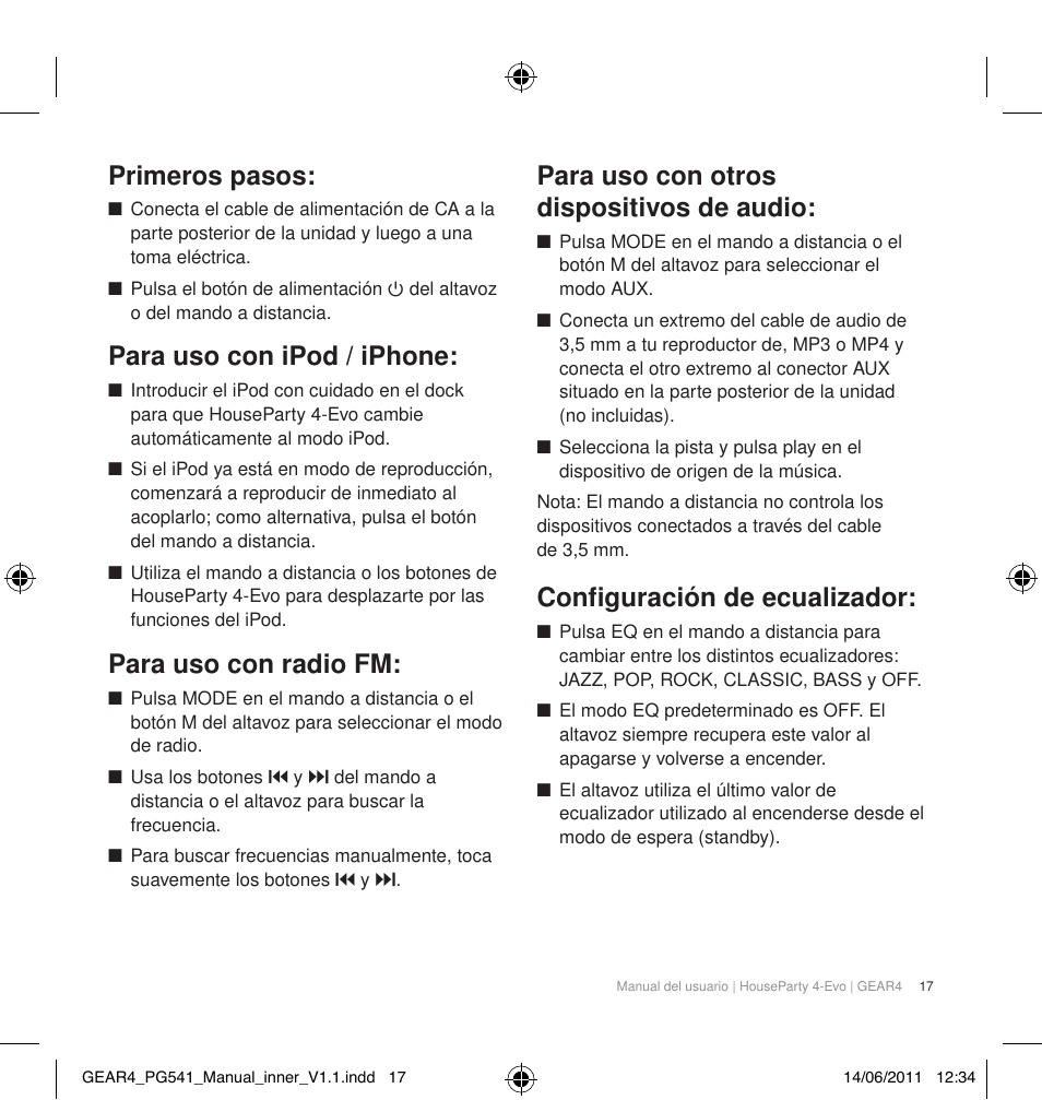 Primeros pasos, Para uso con ipod / iphone, Para uso con radio fm | Para uso con otros dispositivos de audio, Configuración de ecualizador | GEAR4 HouseParty 4 EVO User Manual | Page 18 / 49