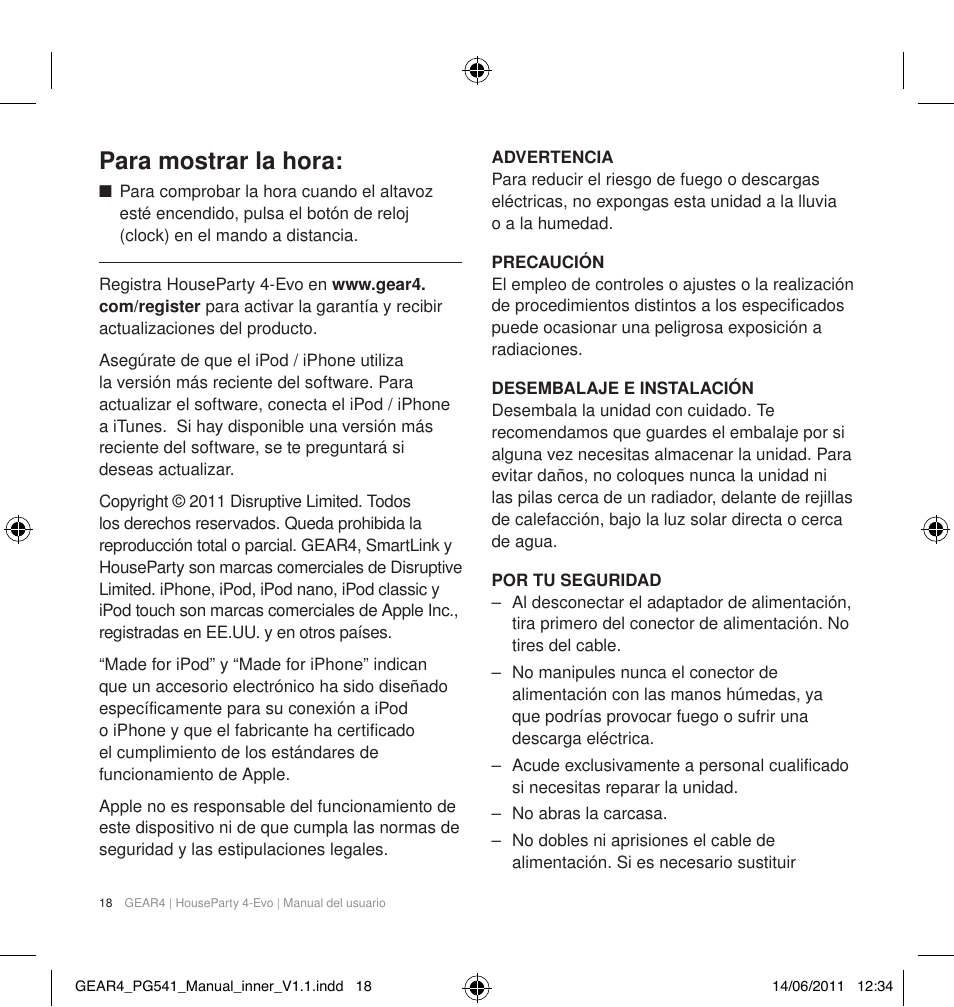 Para mostrar la hora | GEAR4 HouseParty 4 EVO User Manual | Page 19 / 49