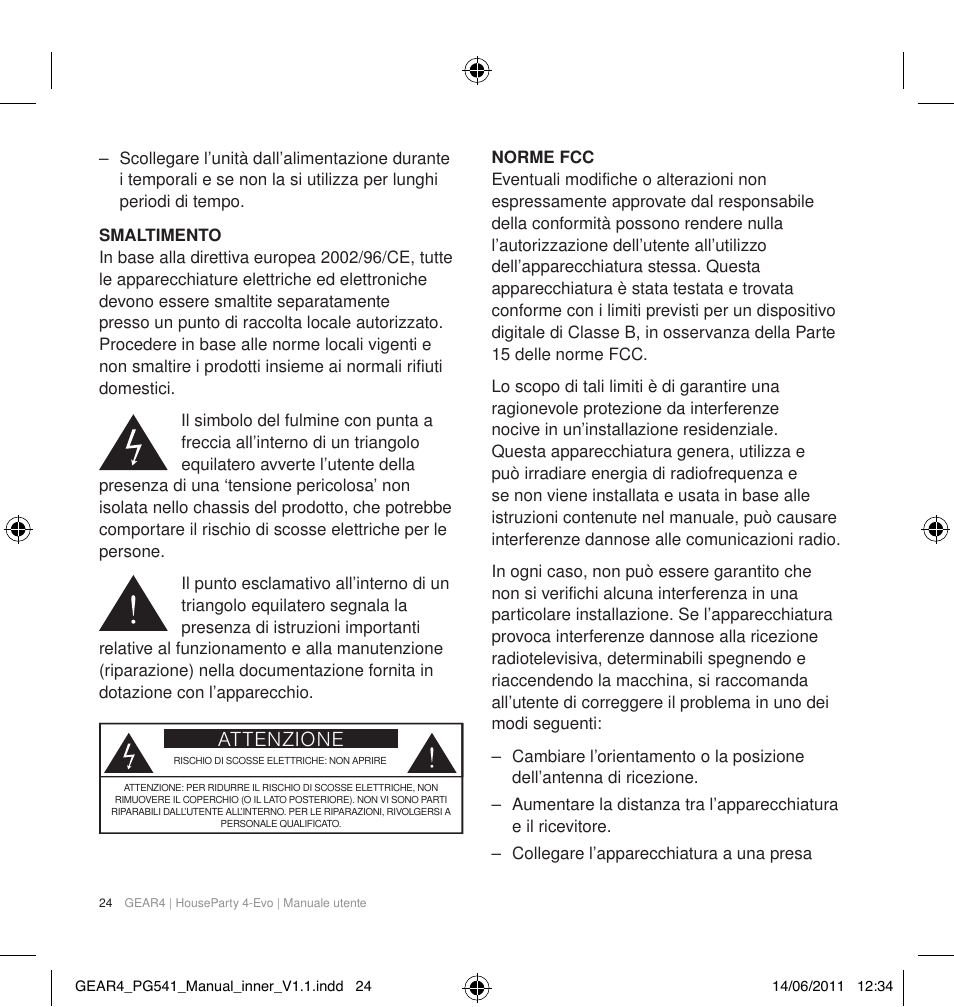 Attenzione | GEAR4 HouseParty 4 EVO User Manual | Page 25 / 49