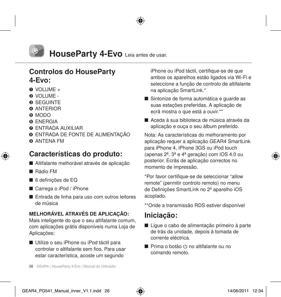 Houseparty 4-evo, Controlos do houseparty 4-evo, Características do produto | Iniciação | GEAR4 HouseParty 4 EVO User Manual | Page 27 / 49