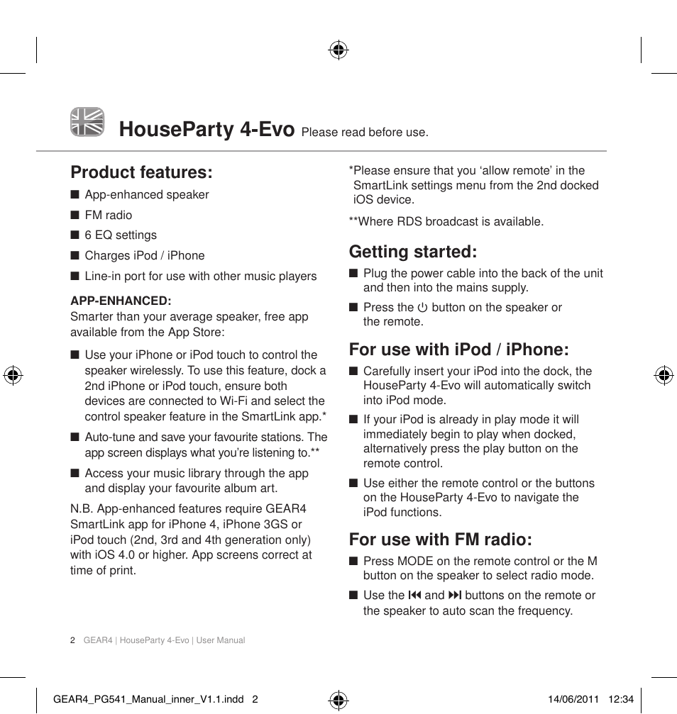 Houseparty 4-evo, Product features, Getting started | For use with ipod / iphone, For use with fm radio | GEAR4 HouseParty 4 EVO User Manual | Page 3 / 49