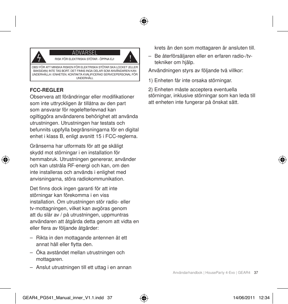 Advarsel | GEAR4 HouseParty 4 EVO User Manual | Page 38 / 49