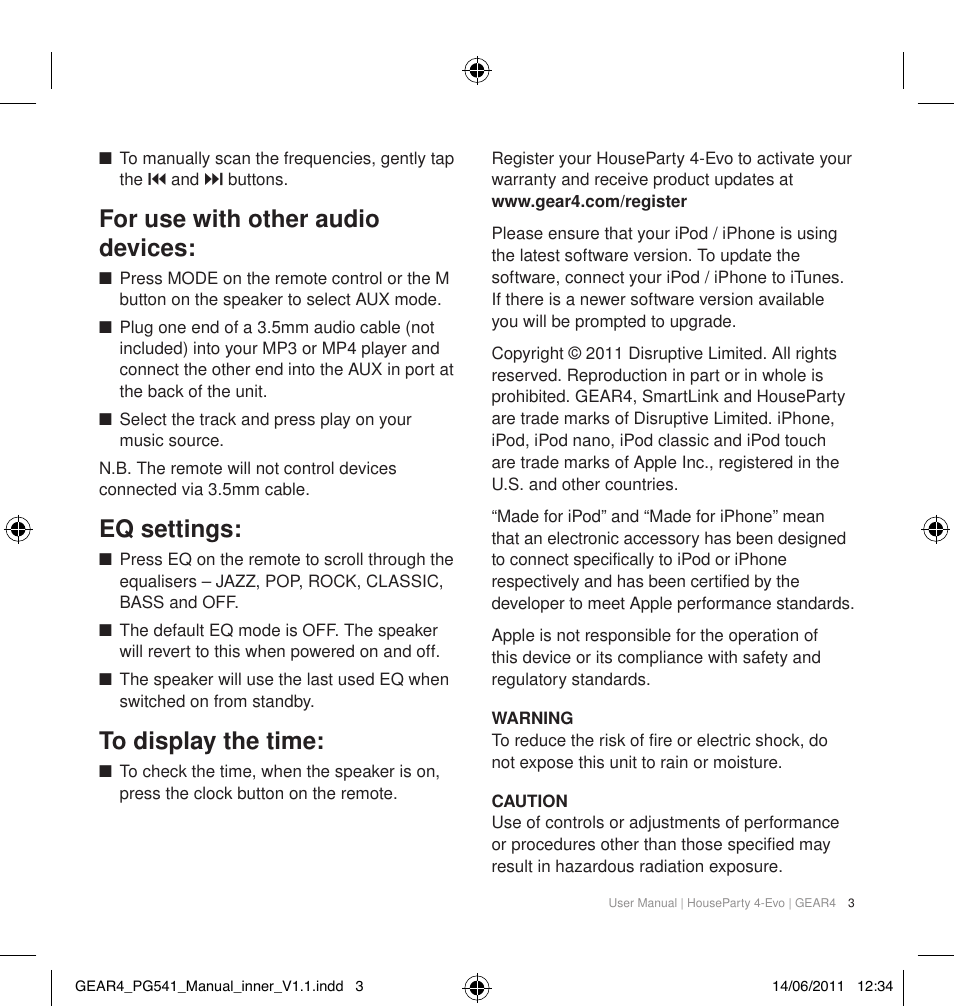 For use with other audio devices, Eq settings | GEAR4 HouseParty 4 EVO User Manual | Page 4 / 49