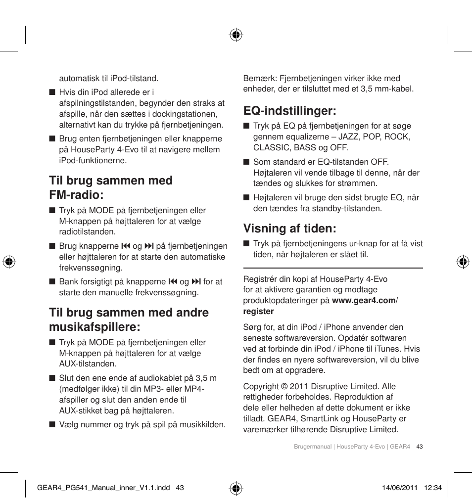 Til brug sammen med fm-radio, Til brug sammen med andre musikafspillere, Eq-indstillinger | Visning af tiden | GEAR4 HouseParty 4 EVO User Manual | Page 44 / 49