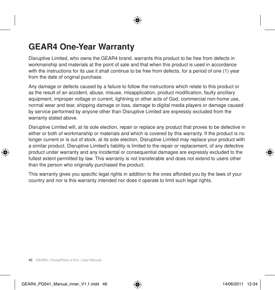 Gear4 one-year warranty | GEAR4 HouseParty 4 EVO User Manual | Page 47 / 49