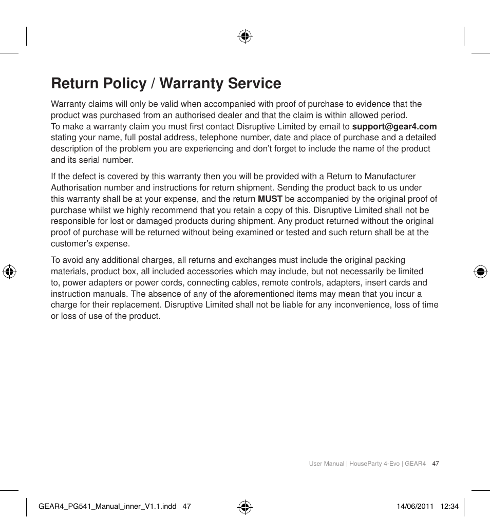 Return policy / warranty service | GEAR4 HouseParty 4 EVO User Manual | Page 48 / 49