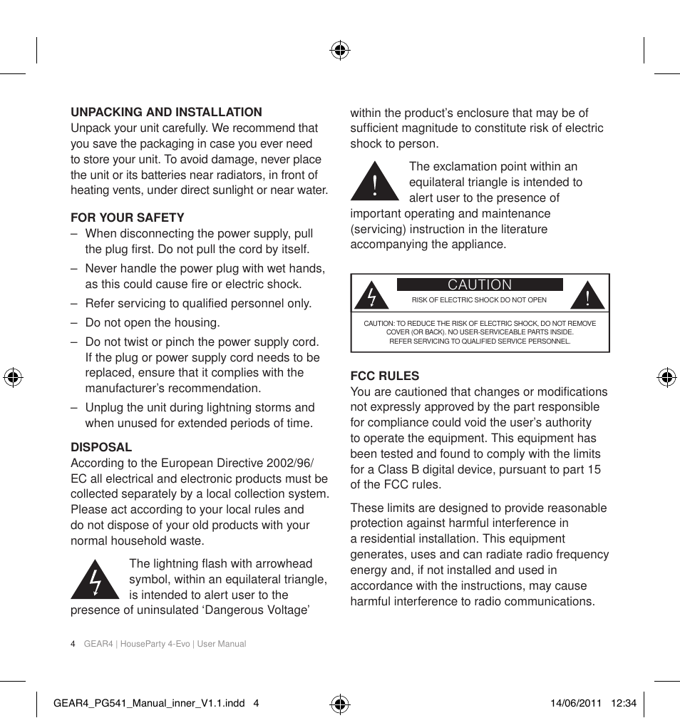Caution | GEAR4 HouseParty 4 EVO User Manual | Page 5 / 49