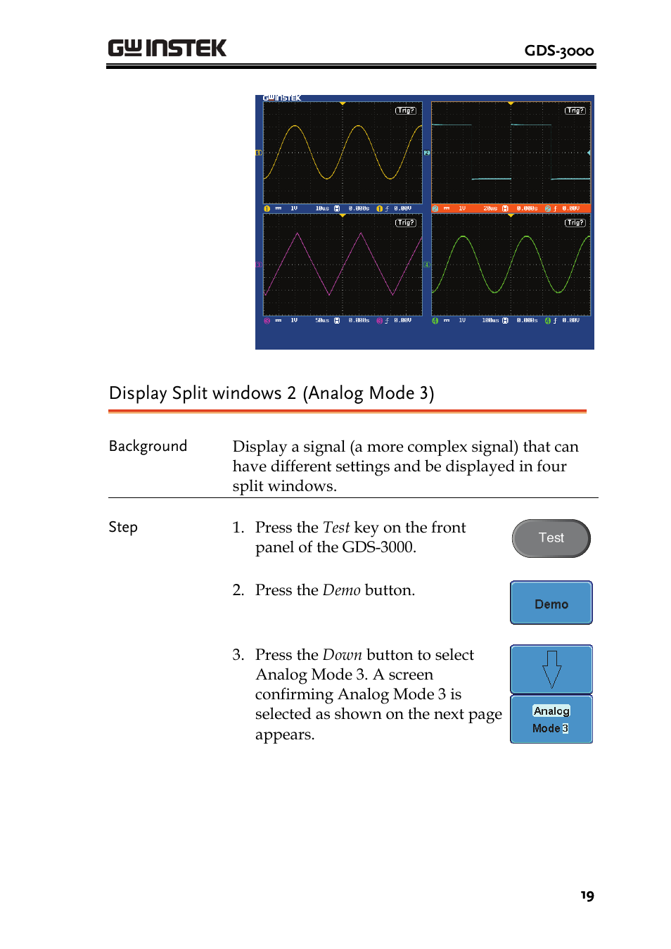 Display split windows 2 (analog mode 3) | GW Instek GDB-03 User Manual | Page 21 / 99