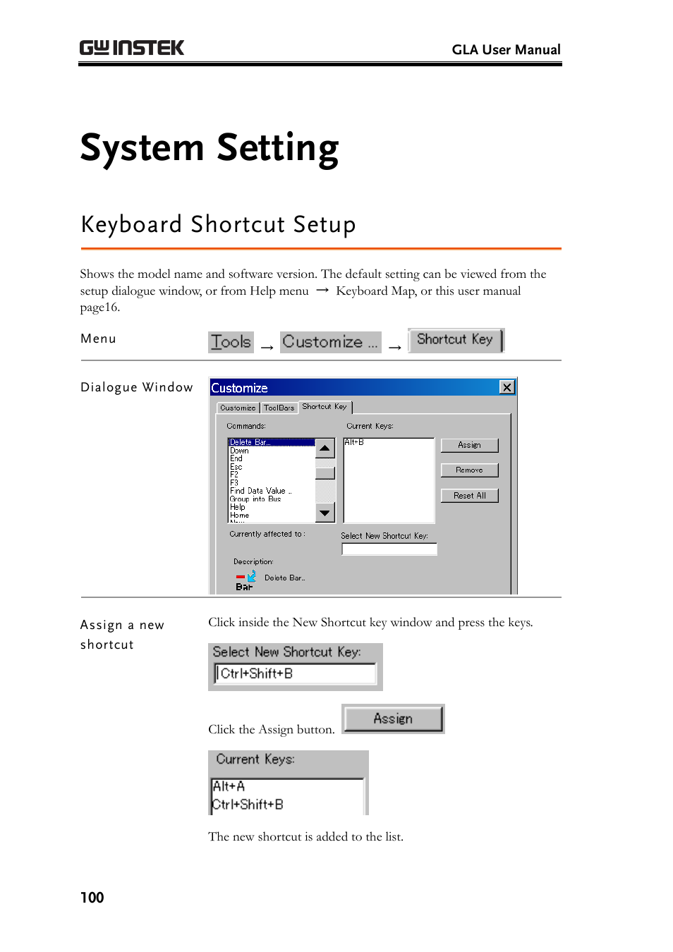 System setting, Keyboard shortcut setup, E100) | GW Instek GLA-1000 Series User Manual User Manual | Page 100 / 111