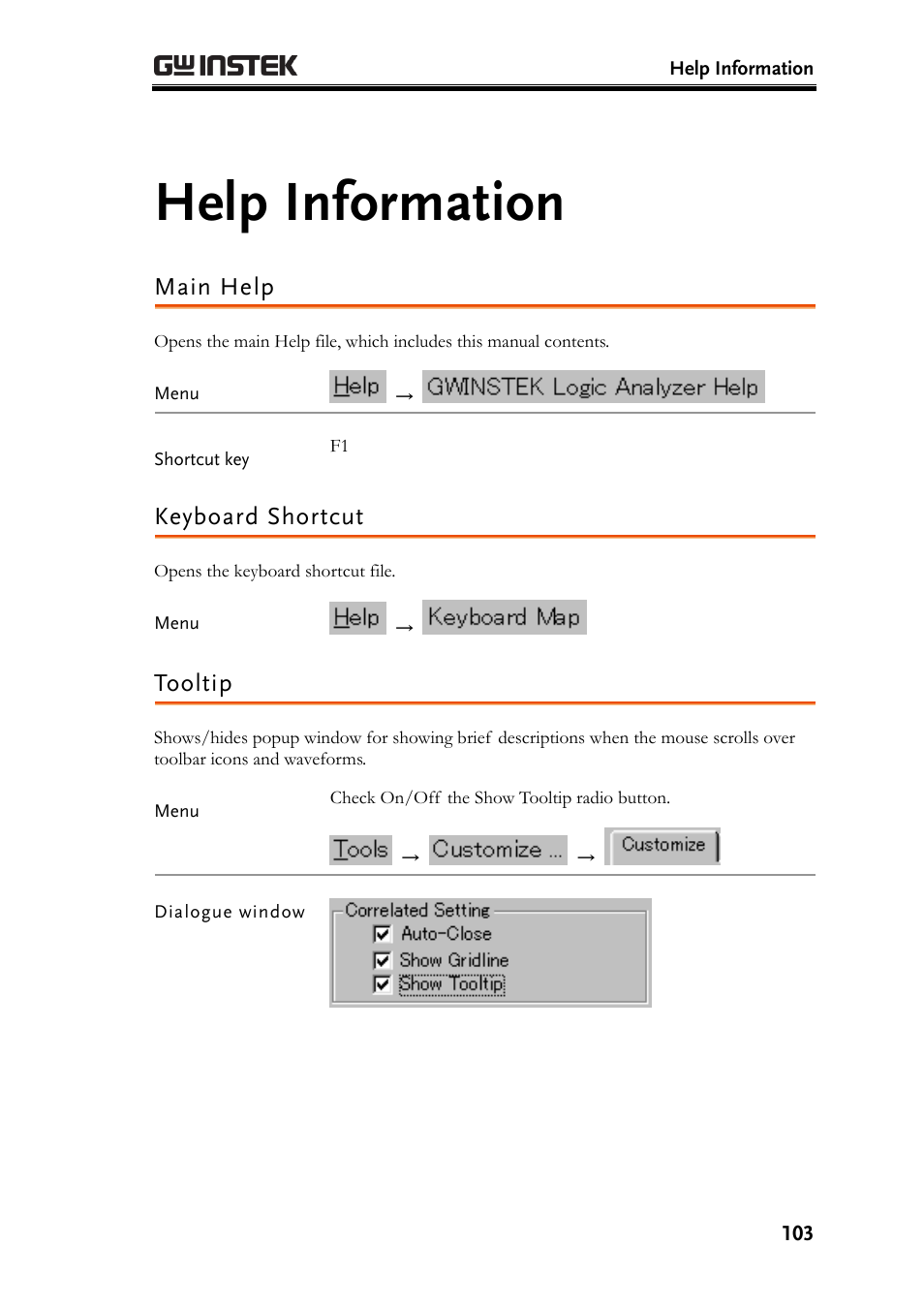 Help information, Main help, Keyboard shortcut | Tooltip, E103) and sy | GW Instek GLA-1000 Series User Manual User Manual | Page 103 / 111