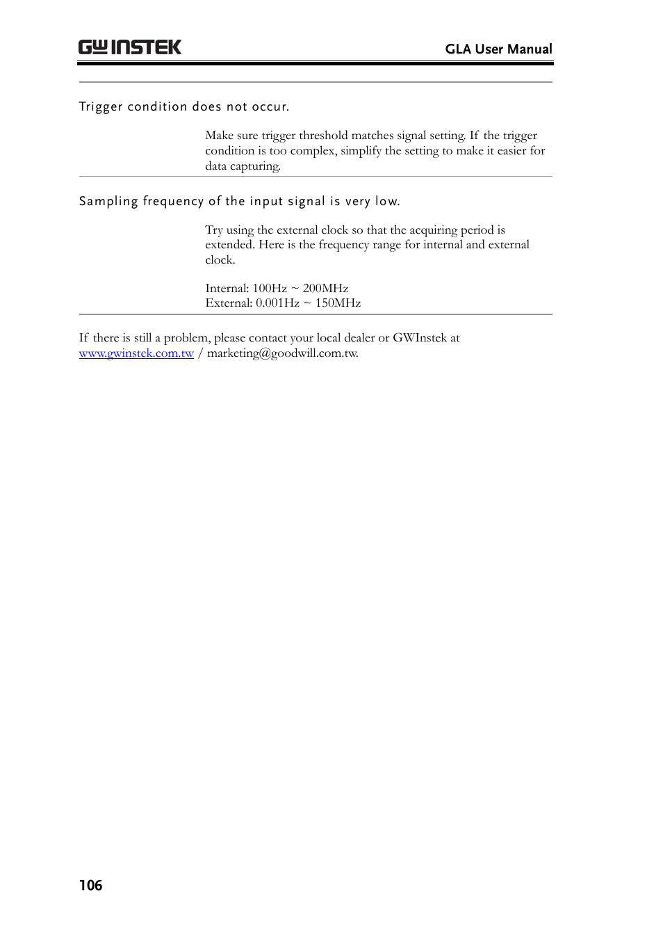 Trigger condition does not occur, Sampling frequency of the input signal is very low | GW Instek GLA-1000 Series User Manual User Manual | Page 106 / 111