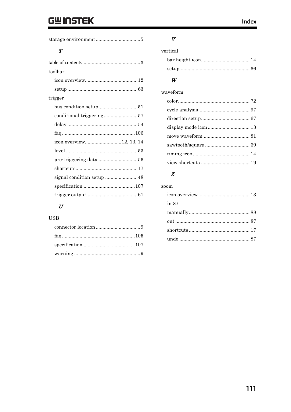 Index | GW Instek GLA-1000 Series User Manual User Manual | Page 111 / 111