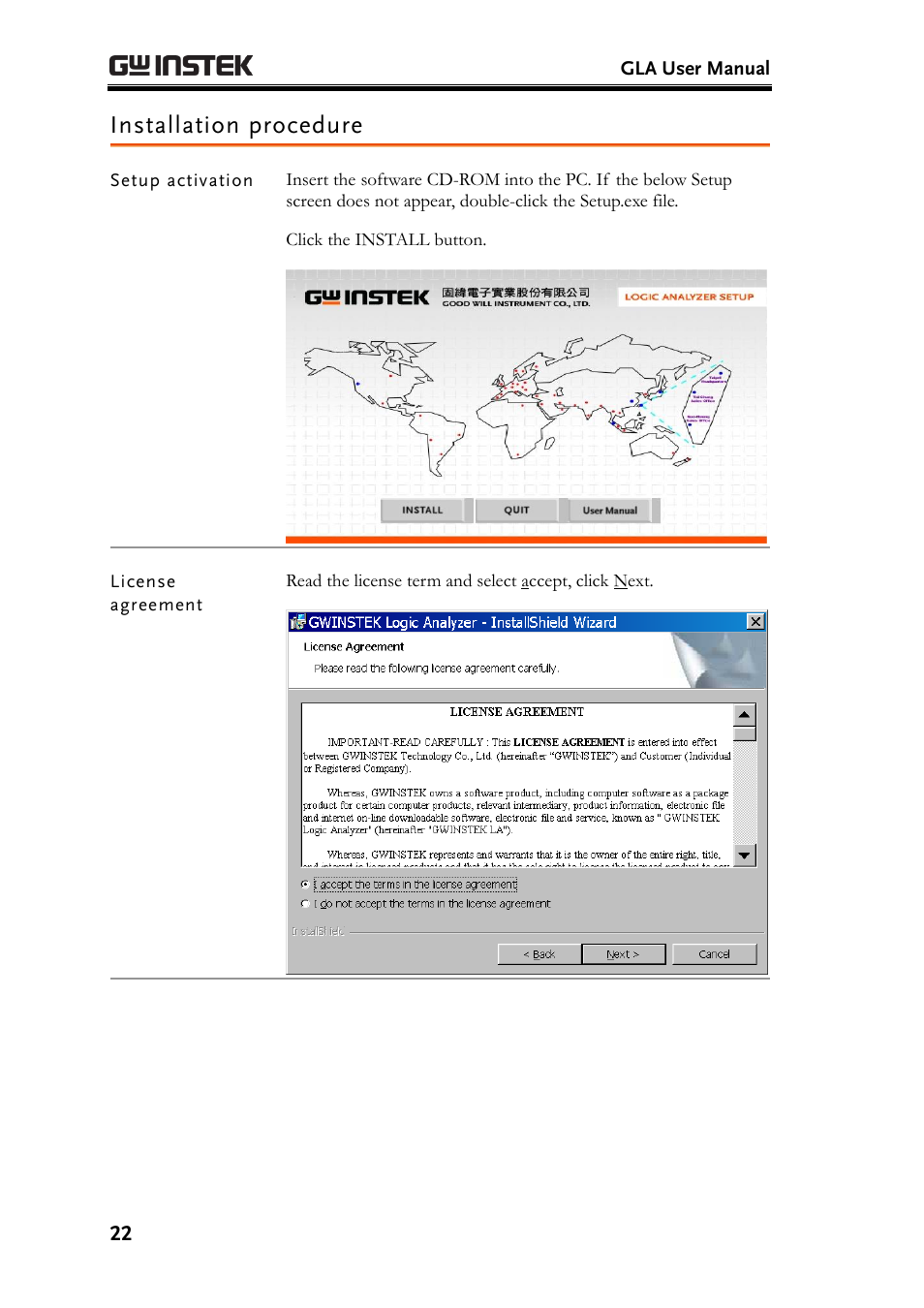 Installation procedure, Setup activation, License agreement | GW Instek GLA-1000 Series User Manual User Manual | Page 22 / 111