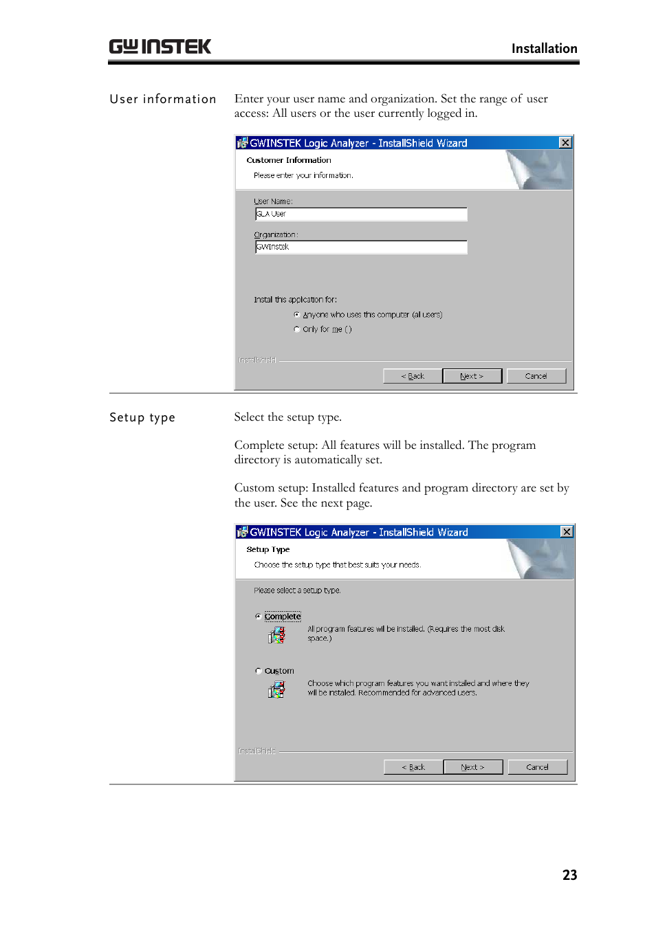 User information, Setup type | GW Instek GLA-1000 Series User Manual User Manual | Page 23 / 111