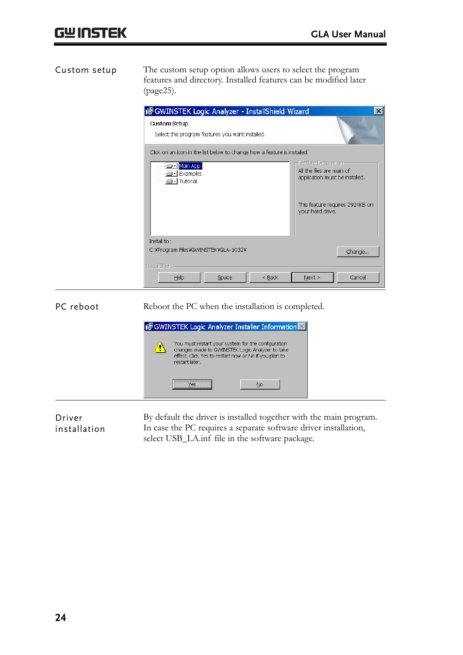 Custom setup, Pc reboot, Driver installation | GW Instek GLA-1000 Series User Manual User Manual | Page 24 / 111