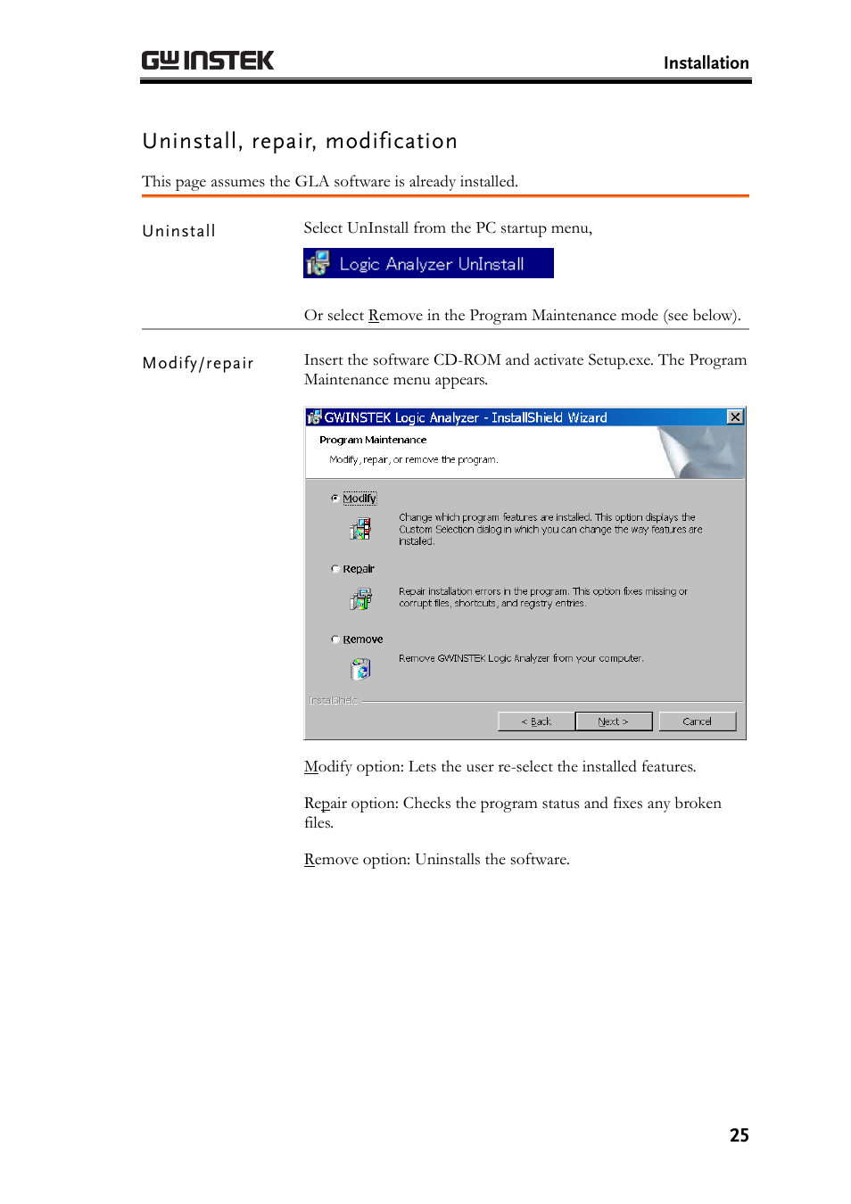 Uninstall, repair, modification | GW Instek GLA-1000 Series User Manual User Manual | Page 25 / 111
