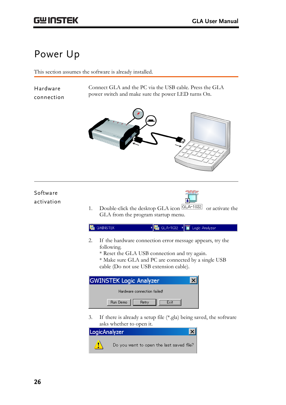 Power up | GW Instek GLA-1000 Series User Manual User Manual | Page 26 / 111