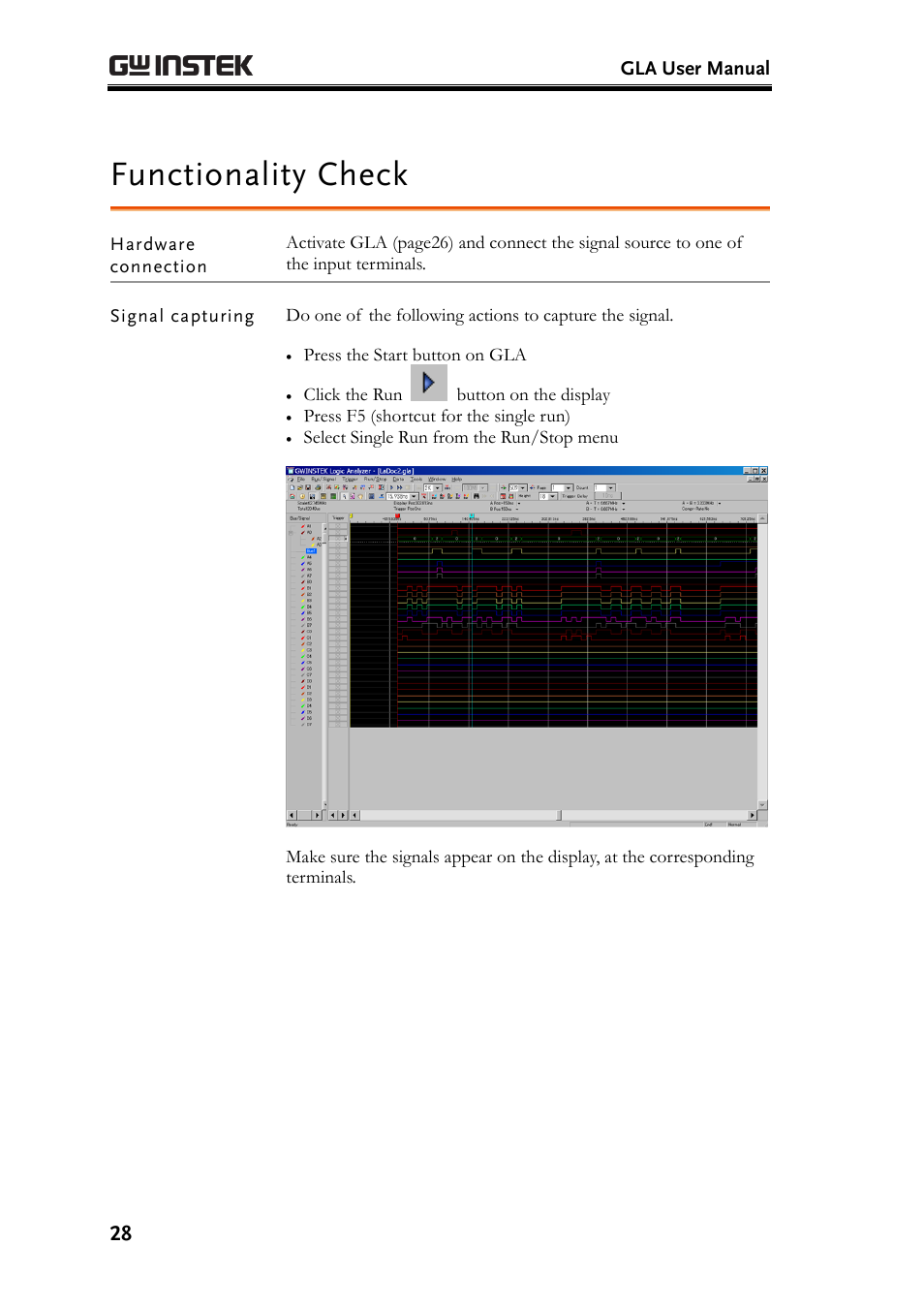 Functionality check, Hardware connection, Signal capturing | GW Instek GLA-1000 Series User Manual User Manual | Page 28 / 111