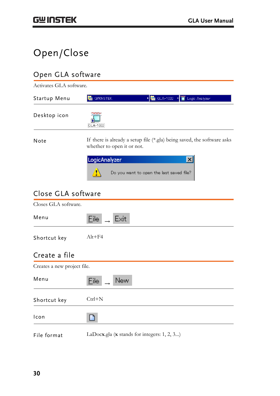 Open/close, Open gla software, Close gla software | Create a file | GW Instek GLA-1000 Series User Manual User Manual | Page 30 / 111