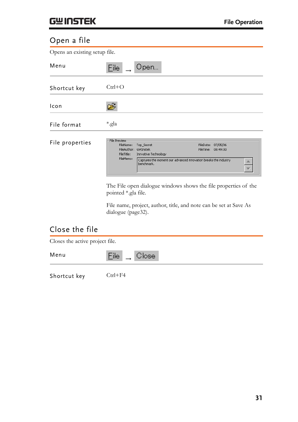 Open a file, Close the file | GW Instek GLA-1000 Series User Manual User Manual | Page 31 / 111