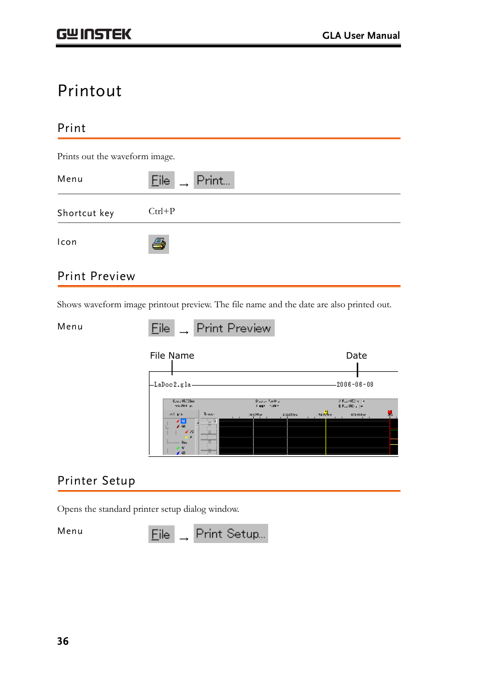 Printout, Print, Print preview | Printer setup | GW Instek GLA-1000 Series User Manual User Manual | Page 36 / 111