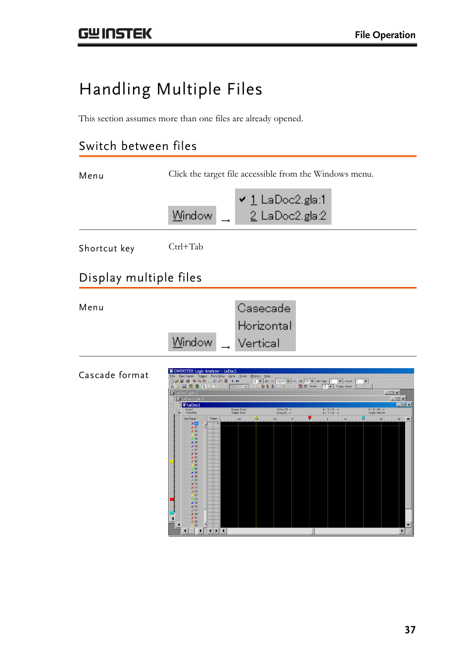 Handling multiple files, Switch between files, Display multiple files | E37) | GW Instek GLA-1000 Series User Manual User Manual | Page 37 / 111