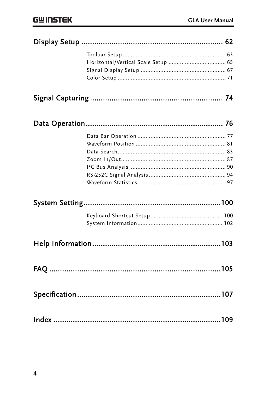 Display setup, Signal capturing, Data operation | System setting, Help information, Specification, Index | GW Instek GLA-1000 Series User Manual User Manual | Page 4 / 111