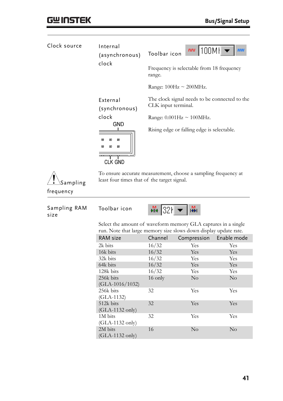 Clock source, Sampling ram size | GW Instek GLA-1000 Series User Manual User Manual | Page 41 / 111