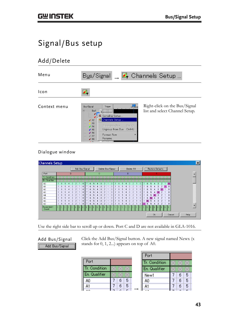 Signal/bus setup, Add/delete | GW Instek GLA-1000 Series User Manual User Manual | Page 43 / 111